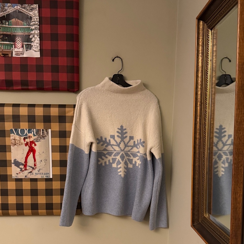 Christian Siriano Snow Pattern Sweater in Cream & Blue Winter Apres Ski L Large - Picture 4 of 4